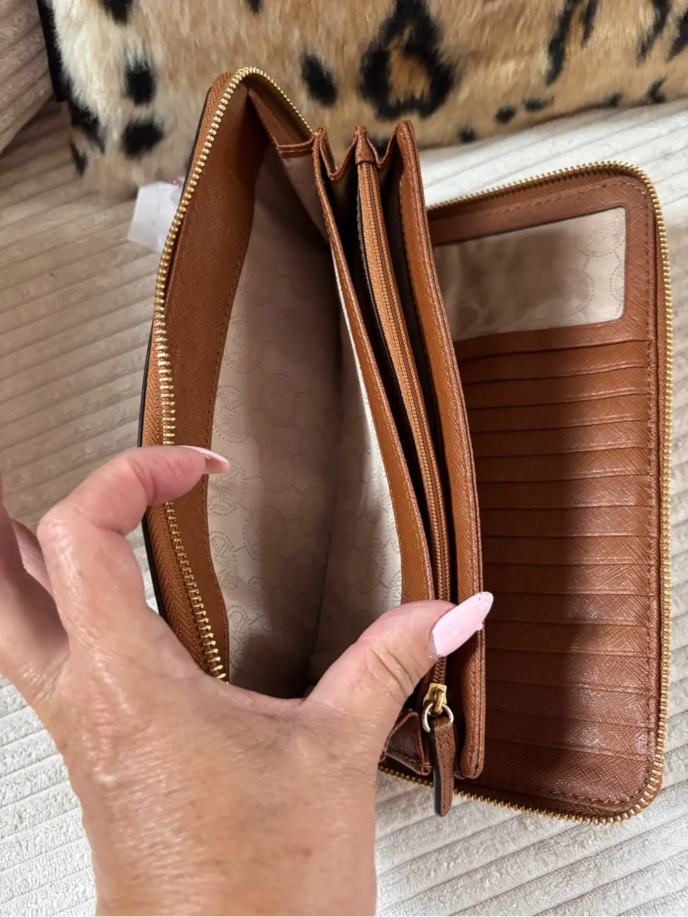 Michael Kors Tan Brown Zip Wallet with Gold Logo